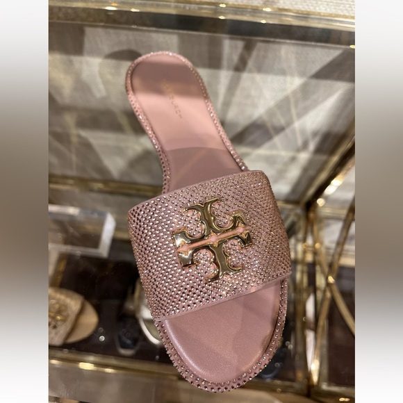 TORY BURCH EVERLY RHINESTONE SLIDES, MALVA / CRYSTAL / GOLD, SIZE 7, RETAIL $348 - Picture 2 of 5